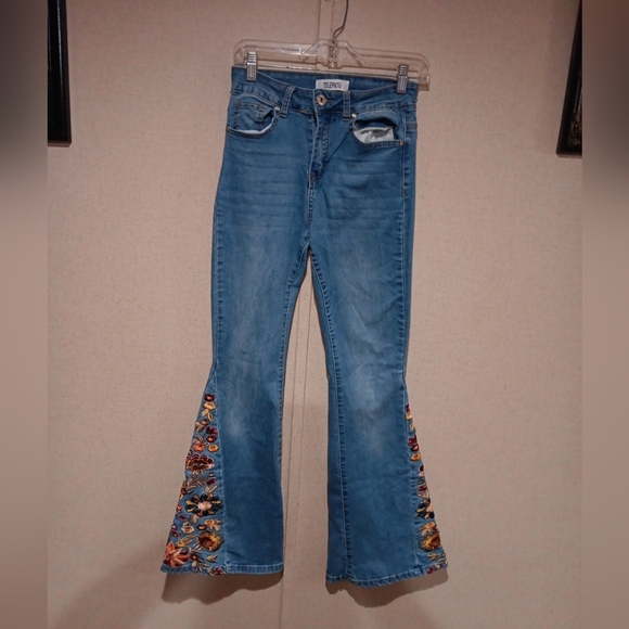 Telepatia Floral Embroidered Denim Flares Widg Leg Size 3/26 - Picture 2 of 5